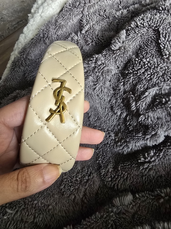 Yves Saint Laurent Quilted Leather Headband in Beige with Gold Logo main image 7